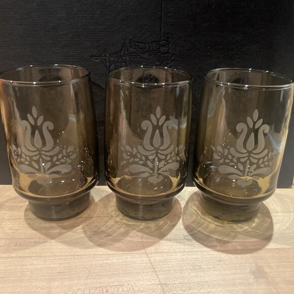 12 Pfaltzgraff Village 4.75" Etched Brown Smoke Libbey Glass 12 oz Tumblers NOS! - Picture 4 of 9